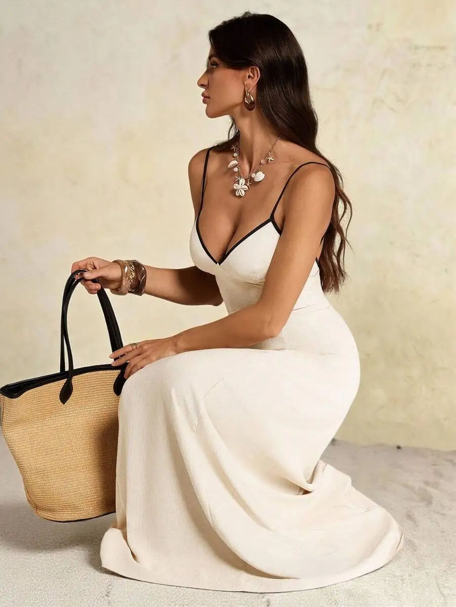 

Elegant Backless Spaghetti Strap Midi Dress For Summer Vacation Beach Resort Evening