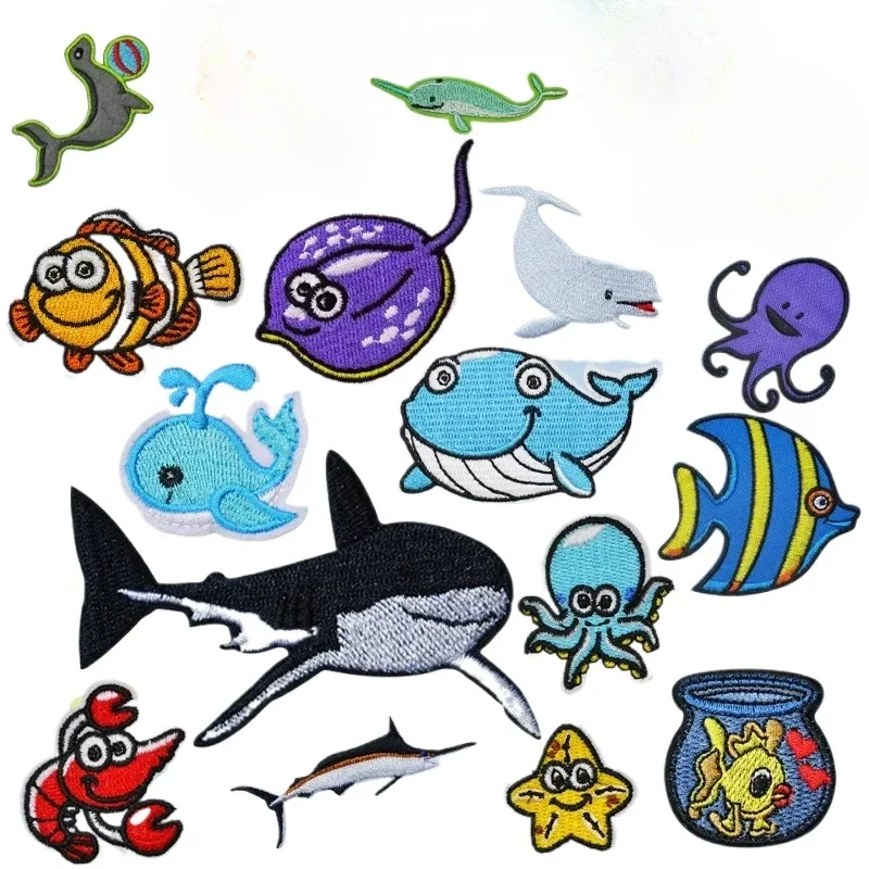 Childlike Marine Animals Embroidery Iron on Patch Cartoon Fish Dolphin Crab Lobster Thermoadhesive Appliques for Kids Clothing