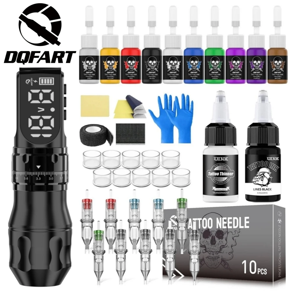 DQFART Led Digltal Display Alloy 1700mAh T9 Set Electric Wireless Tattoo Machine Tattoo Ink Blue Soap Transfer Paper Needles