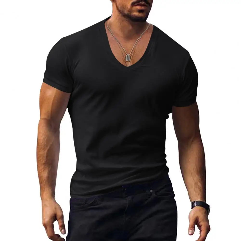 Men T-shirt V-neck Solid Color Sweat Absorption Pullover Top Breathable Dress-up Bodybuilding Shirt Slim Fit Summer Shirt Top