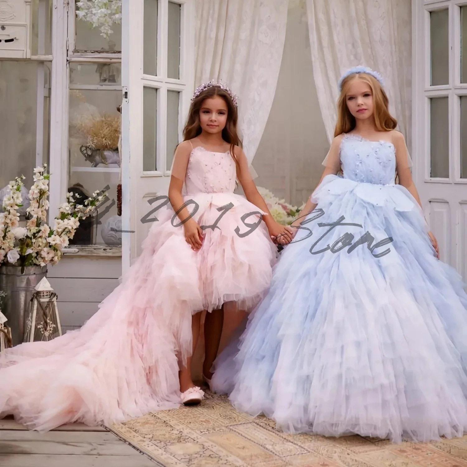 Dreamy Pink Blue Tulle Flower Girl Dress Beaded 3D Petal Ruffled Princess Gown with Train for Pageant Birthday party Wedding