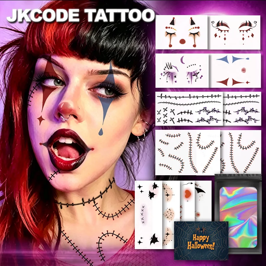 12-teiliges Halloween-Kostüm Clown-Puppen Make-up Tattoo-Set |   Interessante Kostüm-Tattoo-Sets, temporäre Halloween-Tattoos, Halloween-Make-up-Aufkleber mit Nähten und Narben, Kostüm-Accessoires für