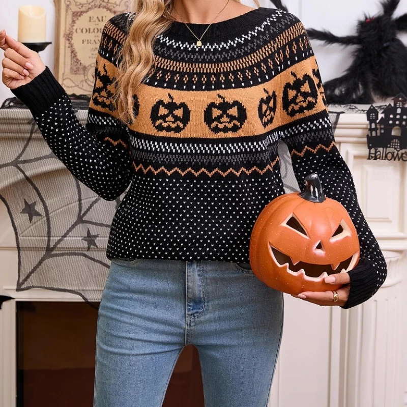 

Autumn and Winter Women's Sweater Halloween Pumpkin Embroidery Vintage Polka Dot Long Sleeve Knitted Top for Women