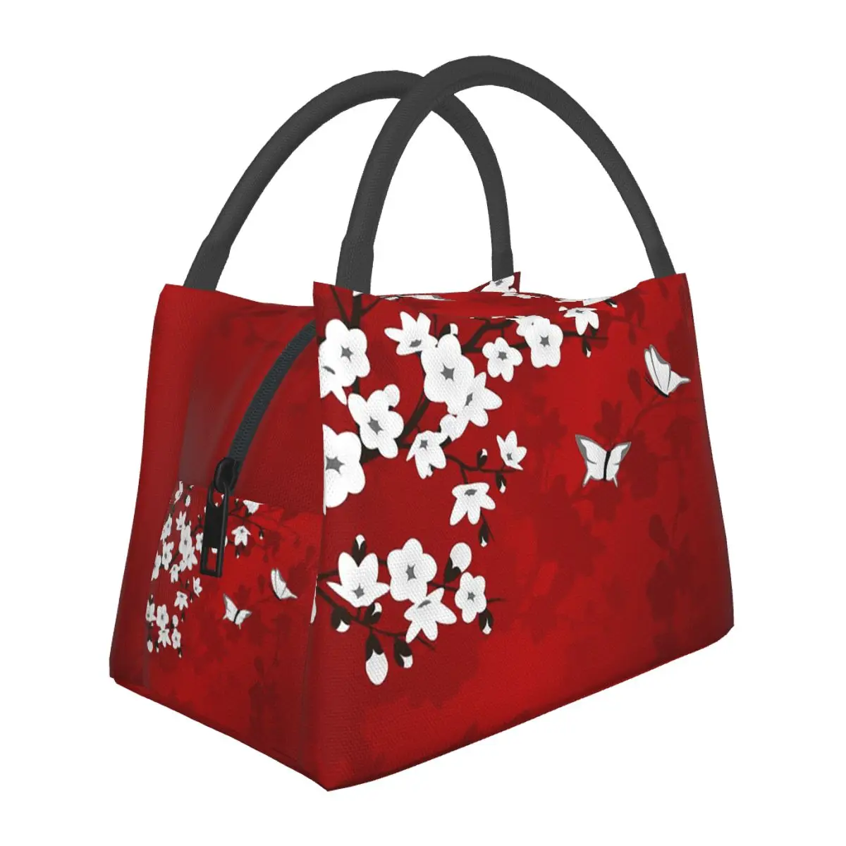 Cherry Blossom Red White Asia Floral Lunch Bags Bento Box Lunch Tote Picnic Bags Cooler Thermal Bag for Woman Children Travel