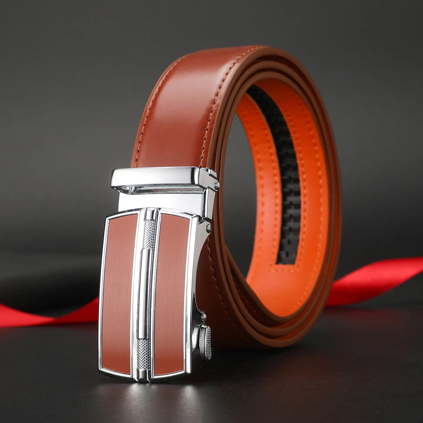Minimalist Men's Leather Belt Automatic Slide Buckle Adjustable Ratchet Strap Classic Business Office Suit Jeans Daily Wear Gift