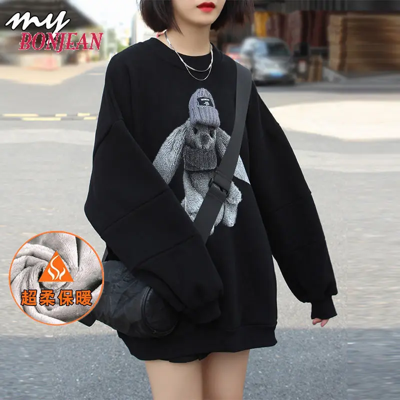 2021 Women Plus Size Fleece Cartoon Pullover Thick Korean Loose Embroidery Women Streetwear Women Kawaii Clothes Sweatshirt