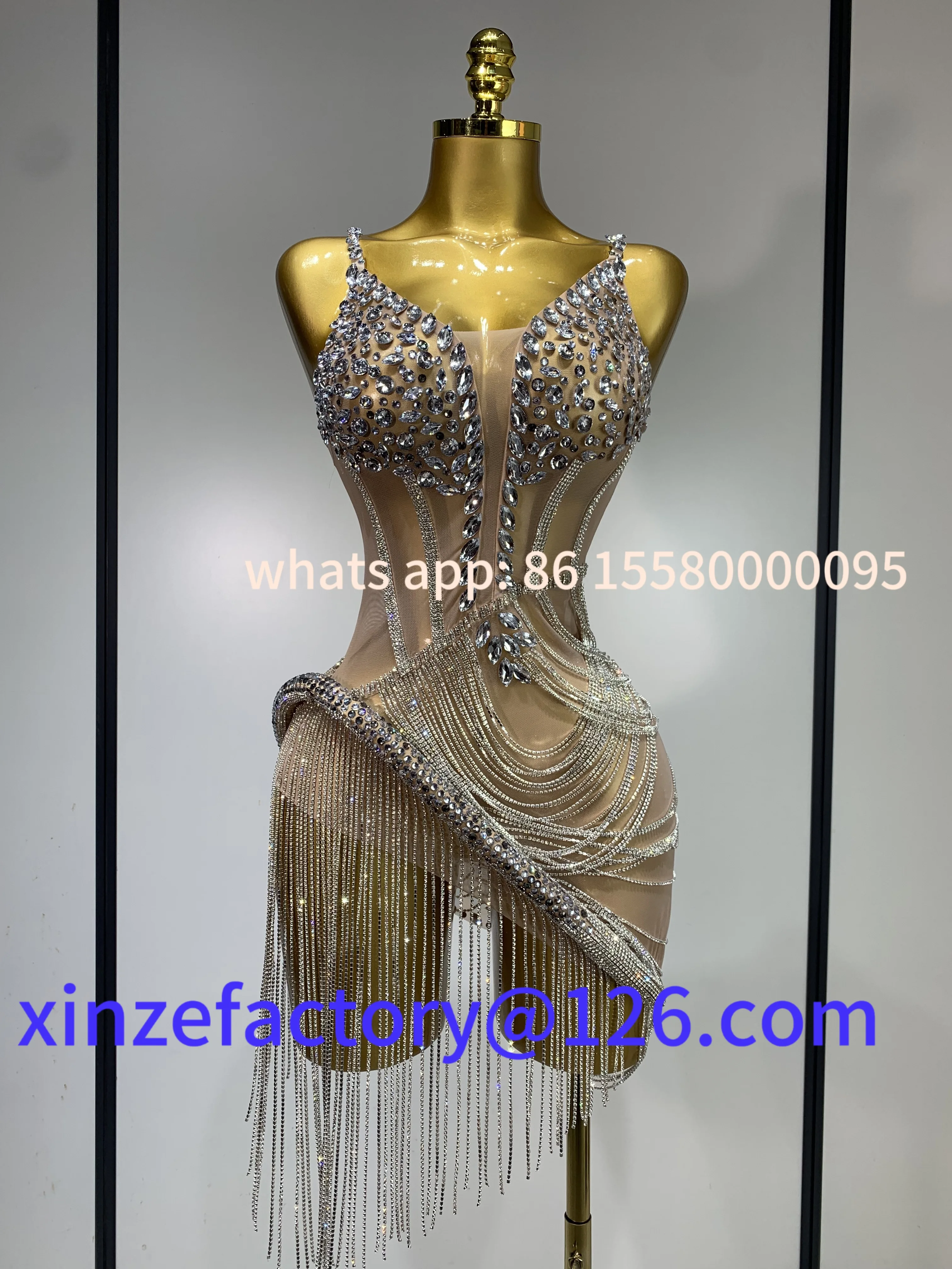 

Be suitable for Women Sparkly Rhinestones Fringes Mesh See Through Short Dress Celebrate Birthday Club