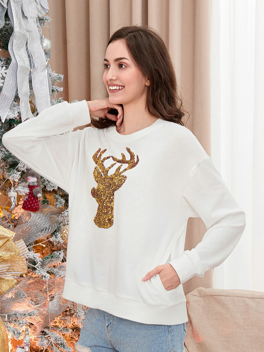 Women Cute Christmas Sweatshirts Sequined Elk Santa Trendy Loose Long Sleeve Pullovers Casual Fall Tops Streetwear