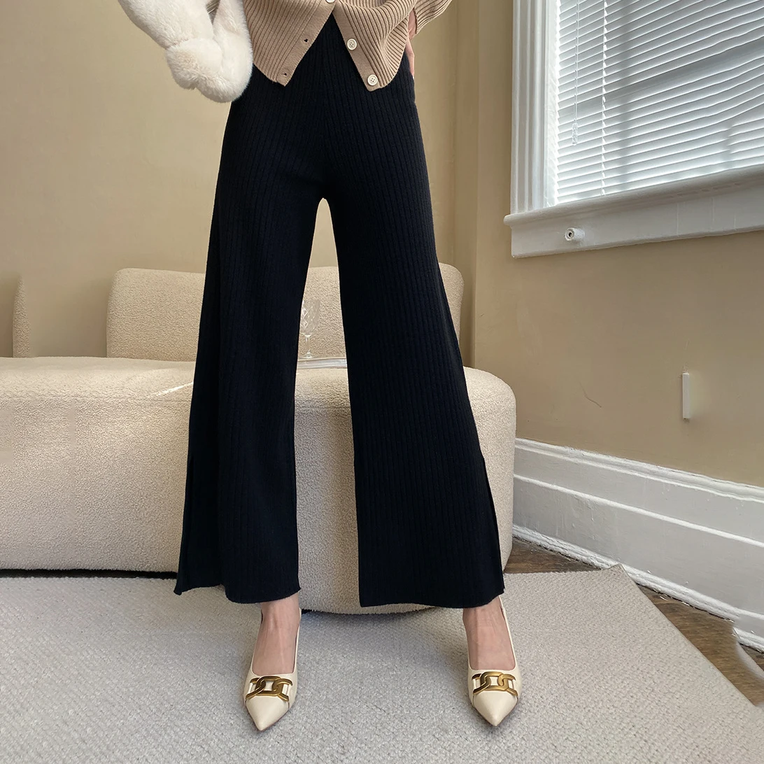 French High Waist Pants Split Pit Knit Pants Straight Wide Leg Pants Hanging Solid Color 2023 Early Spring New Women