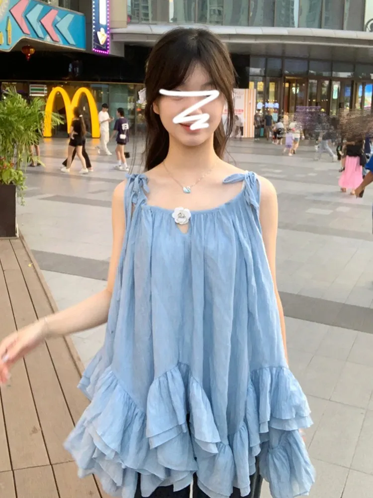 

Синий асимметричный жилет с кружевной отделкой, женский летний дизайн, сладкий пряный топ, верхняя одежда, красивая футболка