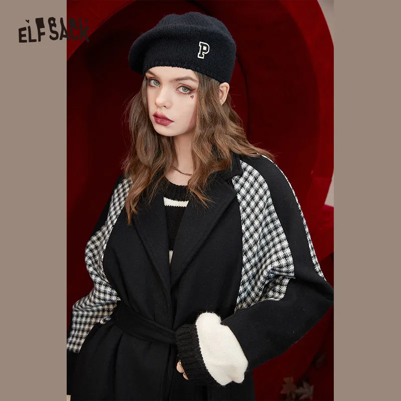 ELFSACK Black Spliced Wool Coats Women 2022 Winter Mid-length Outwears