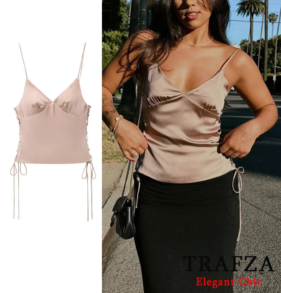 TRAFZA Elegant Sexy Lace-Up Halter Top Women's Side Lacing V-Neck Backless Spaghetti Strap Top New 2024 Summer Fashion Top