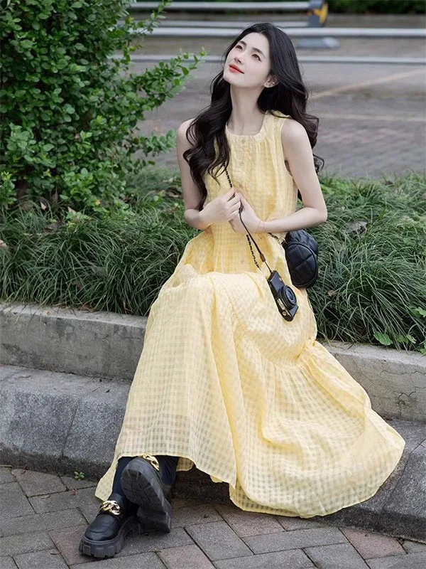 

Yellow Plaid Loose Vest Dress Women Summer Dopaamine Beach Holiday Beach Long Skirt Korean Style A-Line Low Waist Sleeveless