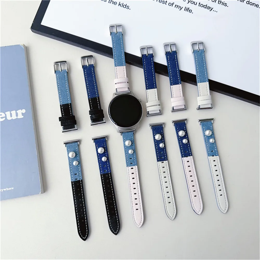 18mm 20mm 22mm Fashion Denim Patchwork Leather watch Band For Apple iwatch S9 S8 S7 S6 S5 SE Huawei GT4 Fit3 Replacement Strap