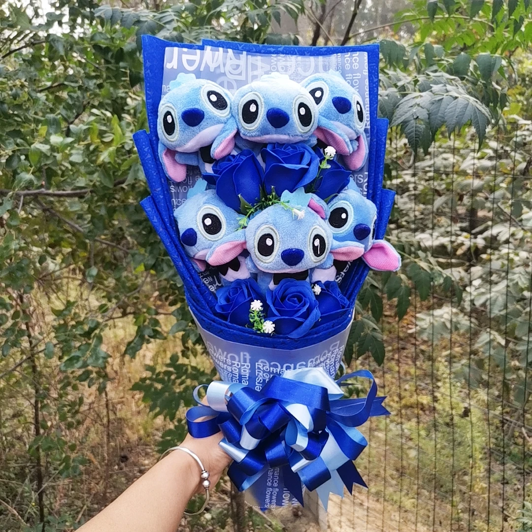 Disney-ramo de felpa de Lilo Stitch con jabón, flor de Rosa, Anime, animales de peluche, decoración del hogar, regalo de San Valentín y Navidad