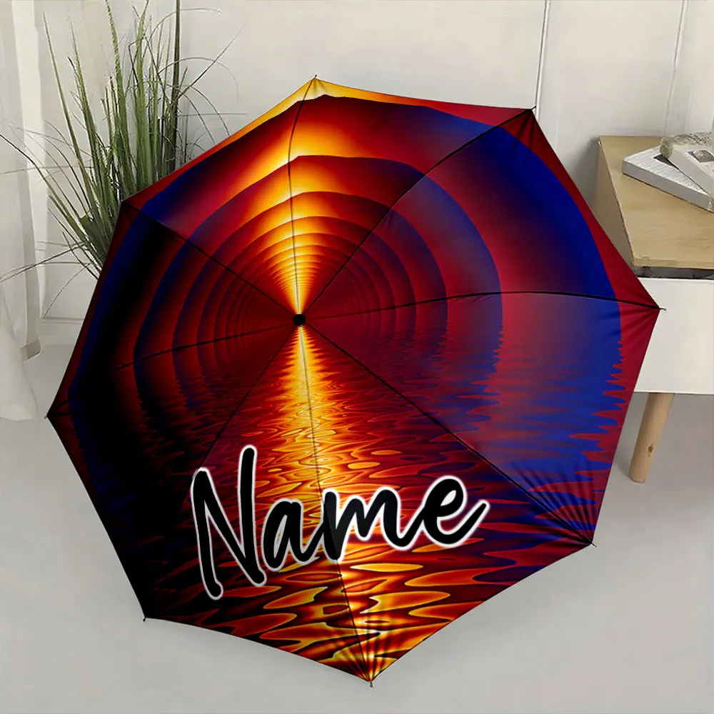 Custom Name Vibrant Sunset Tunnel Umbrella Design 8 Iron Ribs Folding Umbrella Auto-Open Fashionable Sunshade Deluxe Gift