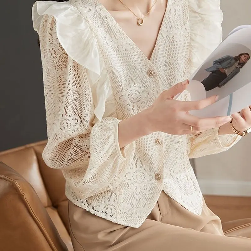 Summer Elegant V-Neck Blouse Women\'s Solid Color Commute Single-breasted Hollow Out Korean Straight Ruffles Spliced Shirt 2023