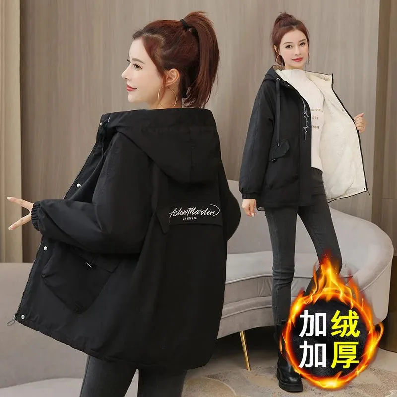 Women Letter Print Cashmere Loose Hoodies Jackets Thicken Thermal Casual Trench Coat Solid Warm Parkas Winter Female Overcoat