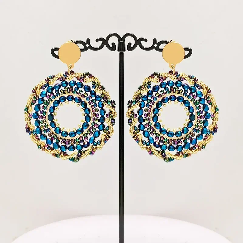 Bohemia Rice bead earrings Circle Hollowed-out Blue Crystal Hand weaving Female Retro Personality Original text Beaded earrings