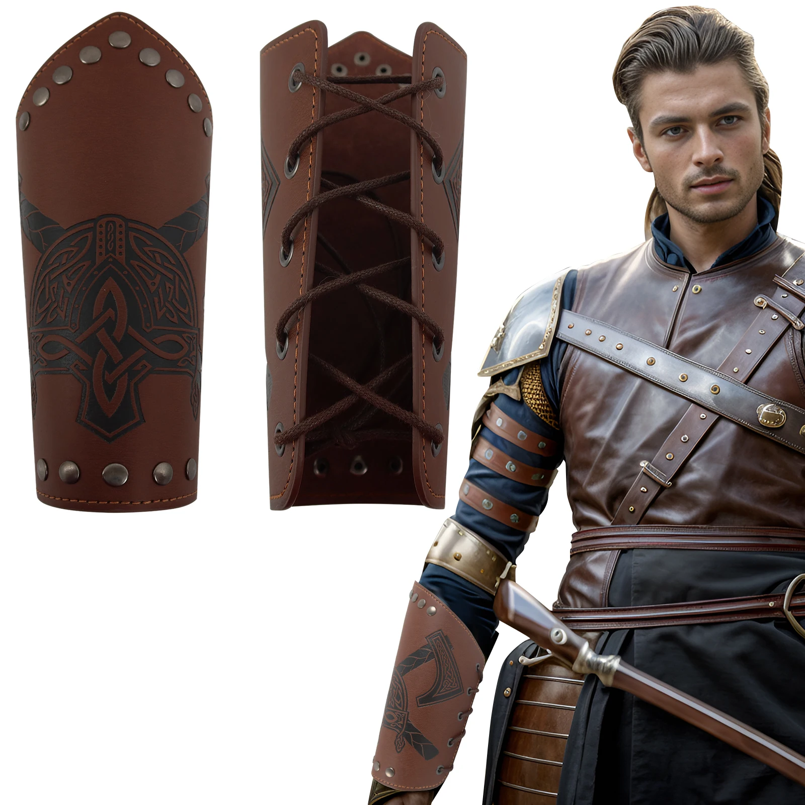 

Medieval Retro Wrist Belt Man Leather Wrist Guards Viking Glove Embossed Halfcuff Knight Wristband Cospaly Accessories Halloween
