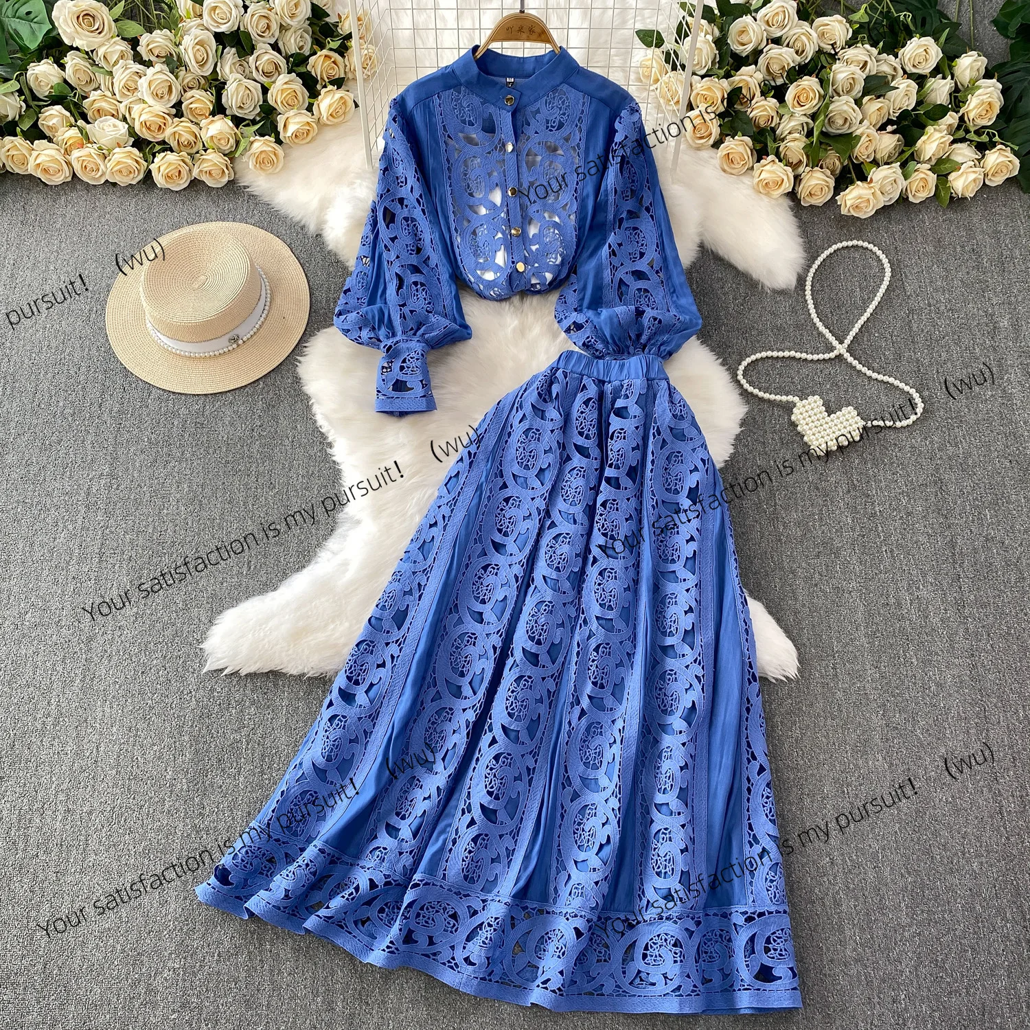 

ZOCI- Blue Hollow Lace Stand-Up Neck Lantern Sleeve Shirt + Bottom Suspender + High Waist Skinny Long Skirt Three-piece Set
