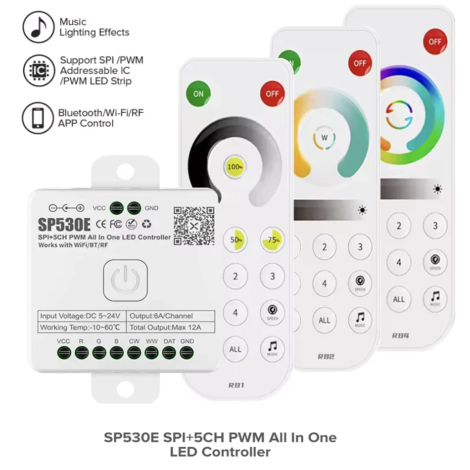 Контроллер SP530E All In One LED для 5-канальных светодиодных лент с управлением PWM и SPI, совместимый с WS2812B, WS2811, SK6812, FCOB, 5050 RGB, RGBW, с поддержкой WIFI и BT, напряжение DC5-24V.