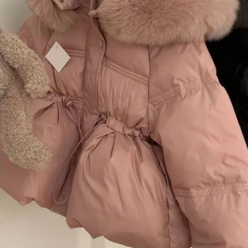 2025 New Fashionable Winter Clothing for Girls Warm Hooded Large Hairy Collar Medium to Long Cotton Jacket