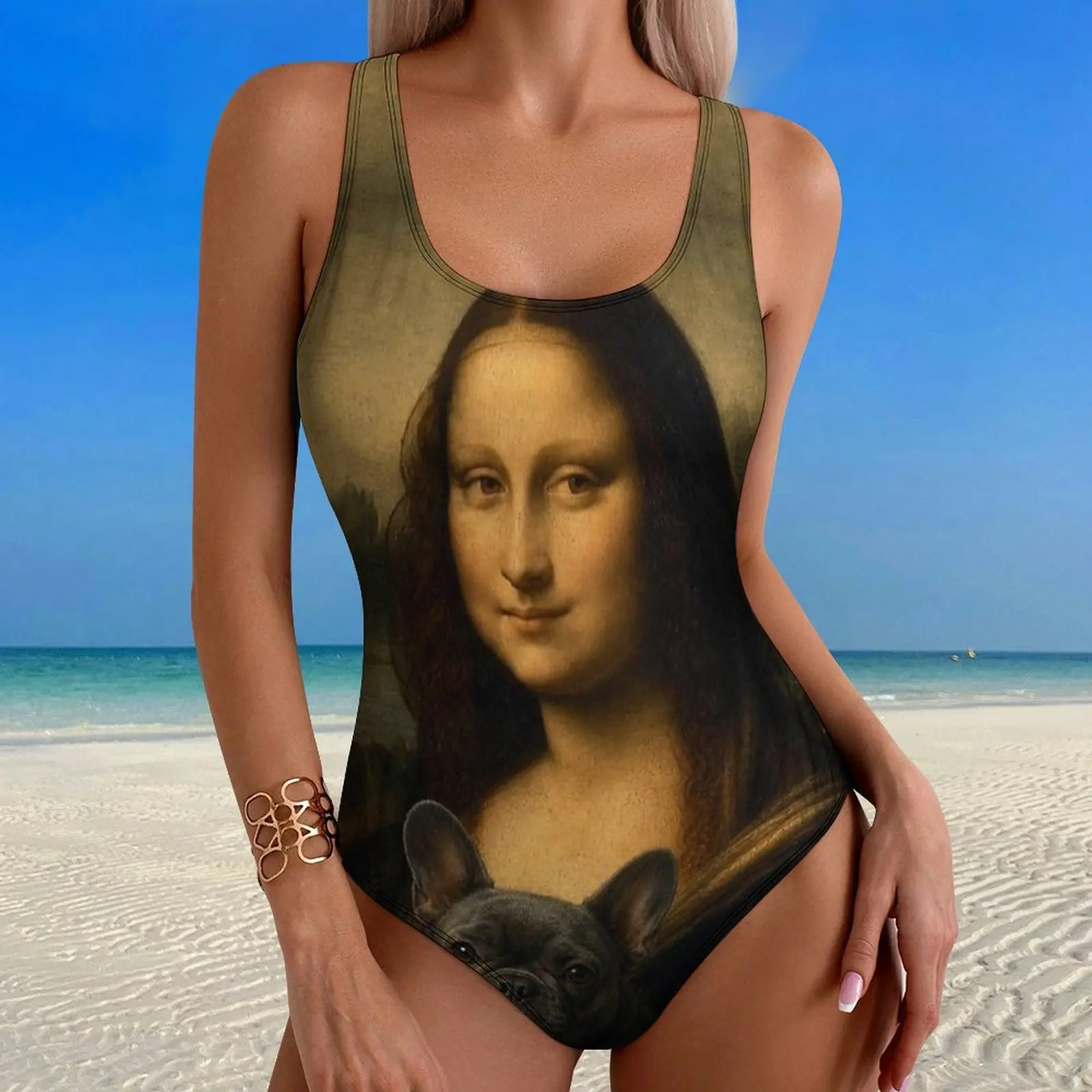 Mona Lisa And Cute French Bulldog Friend Swimsuit Push Up Swimwear One Piece Surfing Bathing Suits Bodysuit Sexy Beach Outfits
