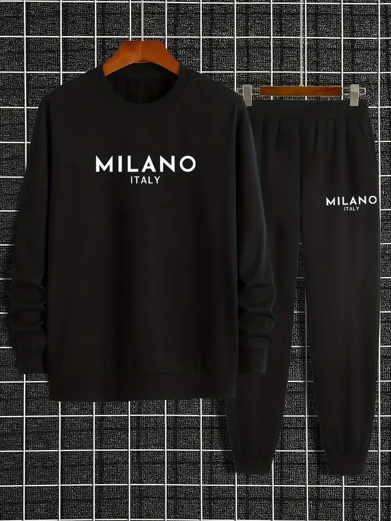 The new men's round-neck hoodie set for Spring and Autumn 2025 features a casual and comfortable 3D letter pattern print