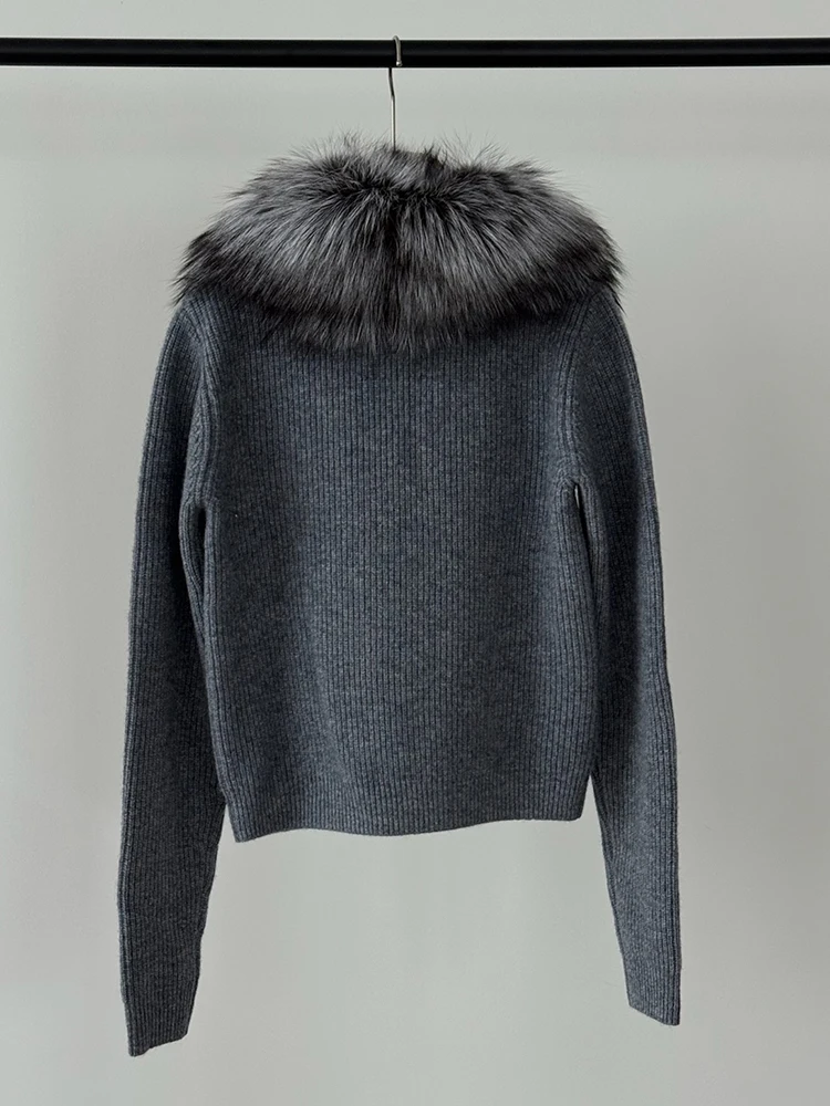 Real fox fur collar knitted coat, 2026 autumn-winter new style, detachable fur collar long-sleeved women's coat