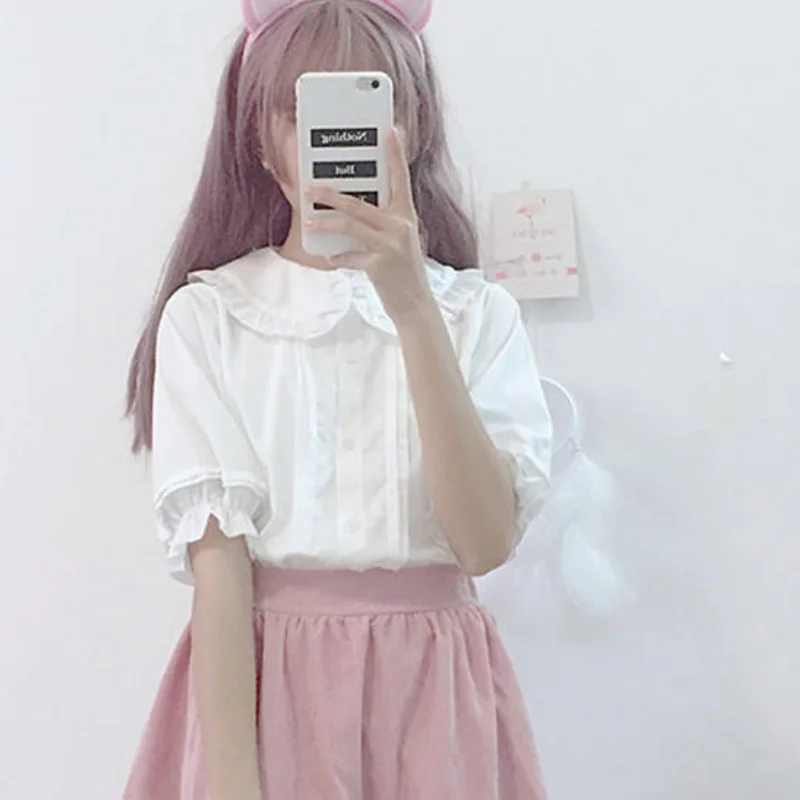 HOUZHOU White Shirt Kawaii Peter Pan Collar Preppy Style Blouses Woman Sweet Ruffle Short Sleeve Tops Summer 2022 Fashion