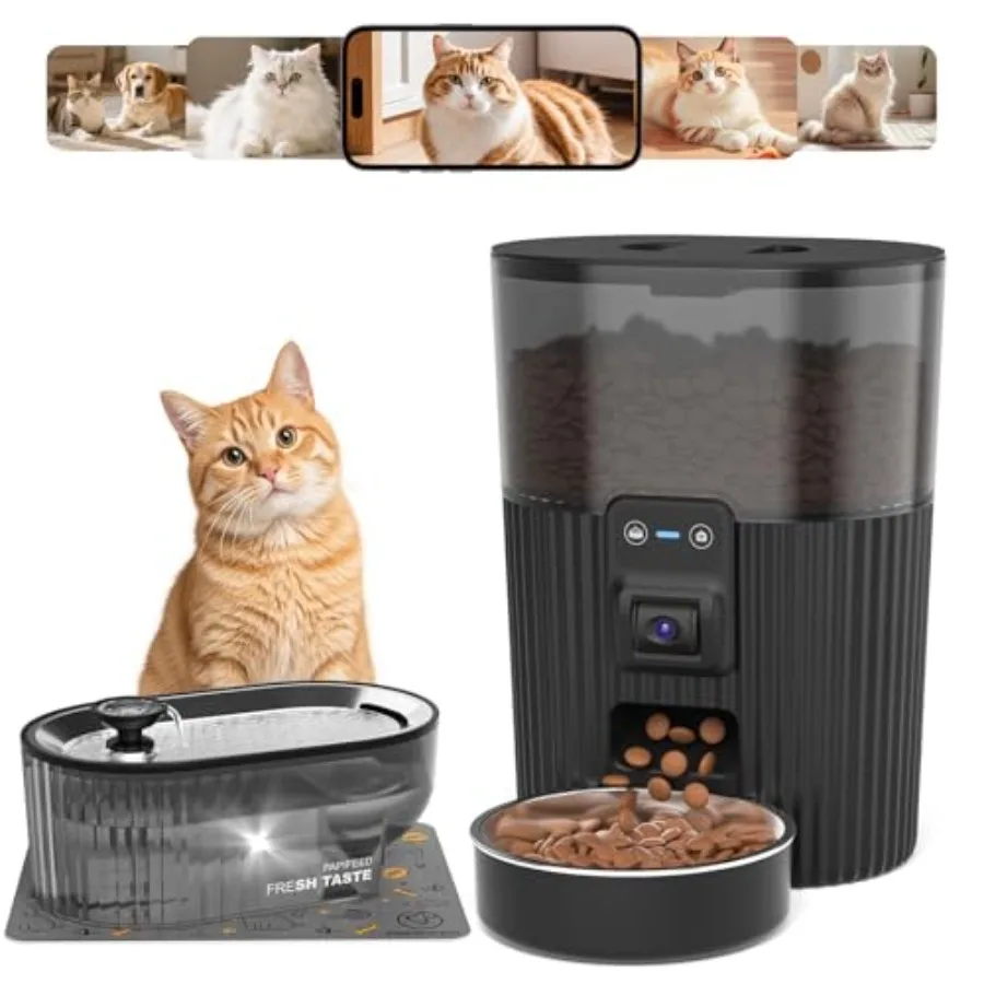 

Automatic Cat Feeder and Water Fountain for Indoor Use, Stainless Steel, Silver, WiFi Timed Dispensing with Camera App Control,
