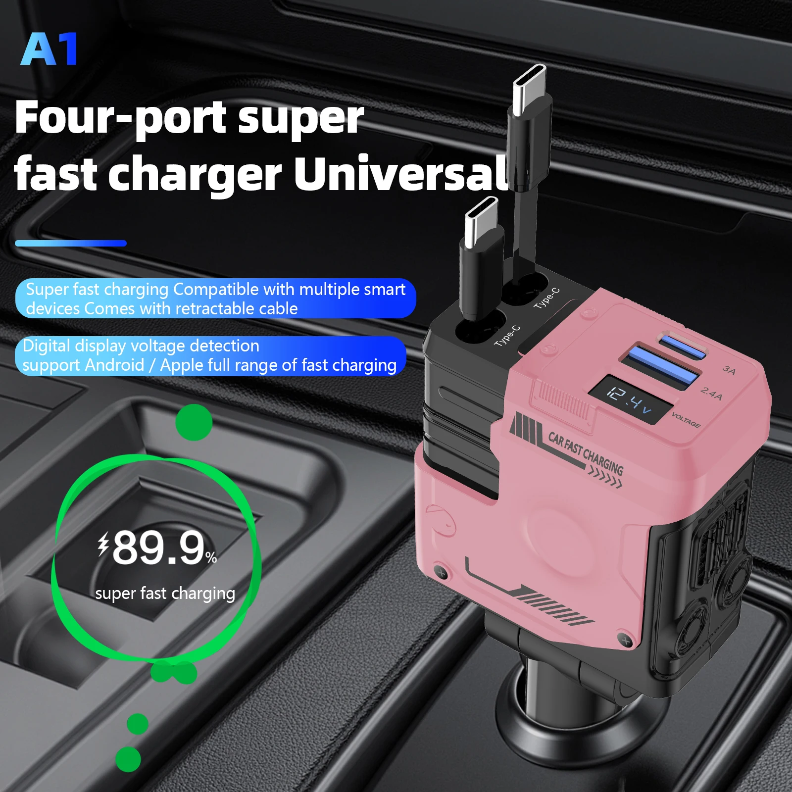 Retractable Car Charger, 100W 4 in 1 Super Fast Charge Car Phone Charger, Retractable Cable (31.5 inch) & 2 USB Port Car Charger