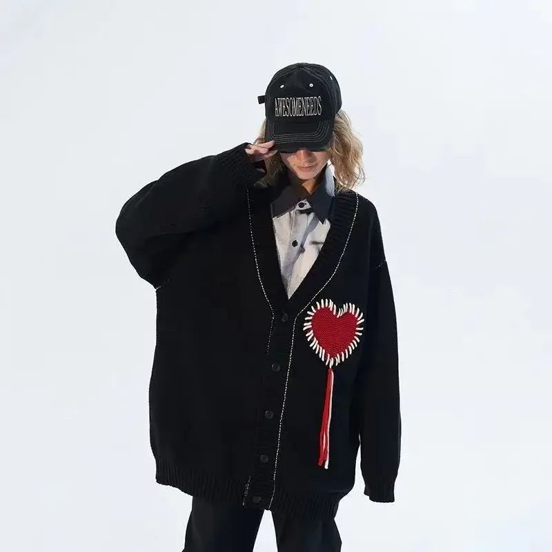 Deeptown Gothic Heart Cardigan Sweater For Women Harajuku Emo Embroidery Black Knitted Jumper Female Vintage Long Sleeve Jackets