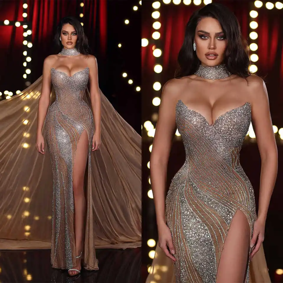 

Gorgeous Wedding Dresses Mermaid Strapless Beading Crystals High Split Sleeveless Bride Wedding Dress Robe de mariée Customized