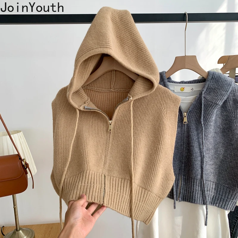 Joinyouth Fashion Hooded Sweater Vest Women Casual Knit Cropped Tops Zipper Coat Korean Sleeveless Waistcoat Chalecos Para Mujer