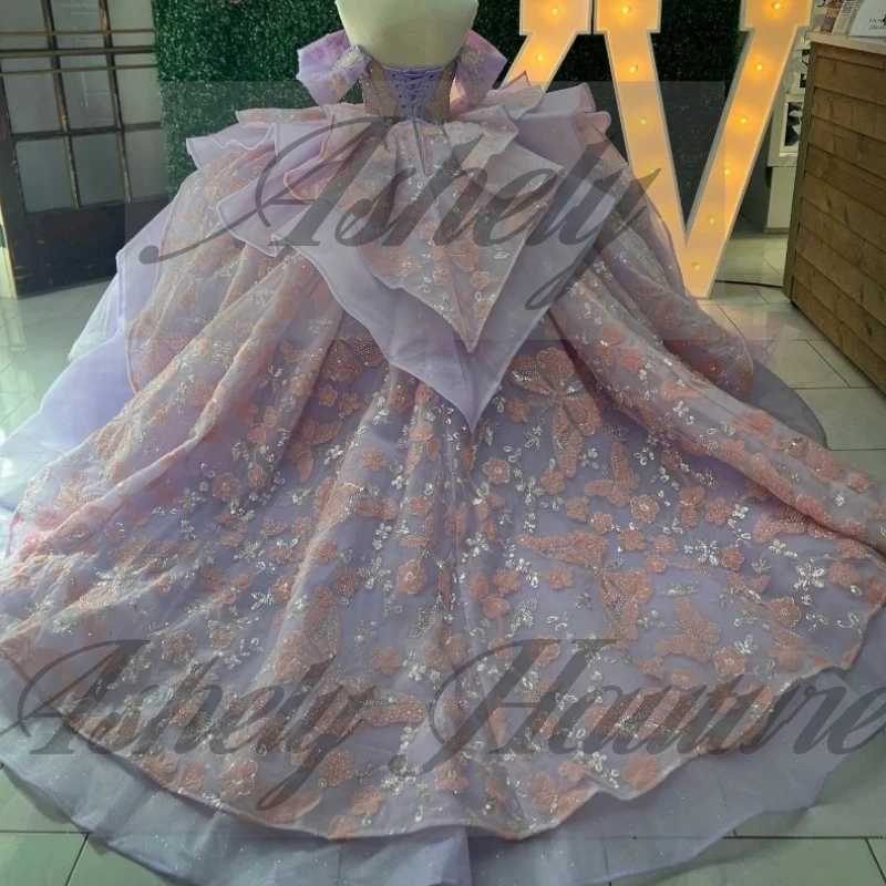 Lindo lavanda princesa 15 anos de idade menina quinceanera vestidos borboleta em camadas saia inchada baile ocasião usar vestido anos novo