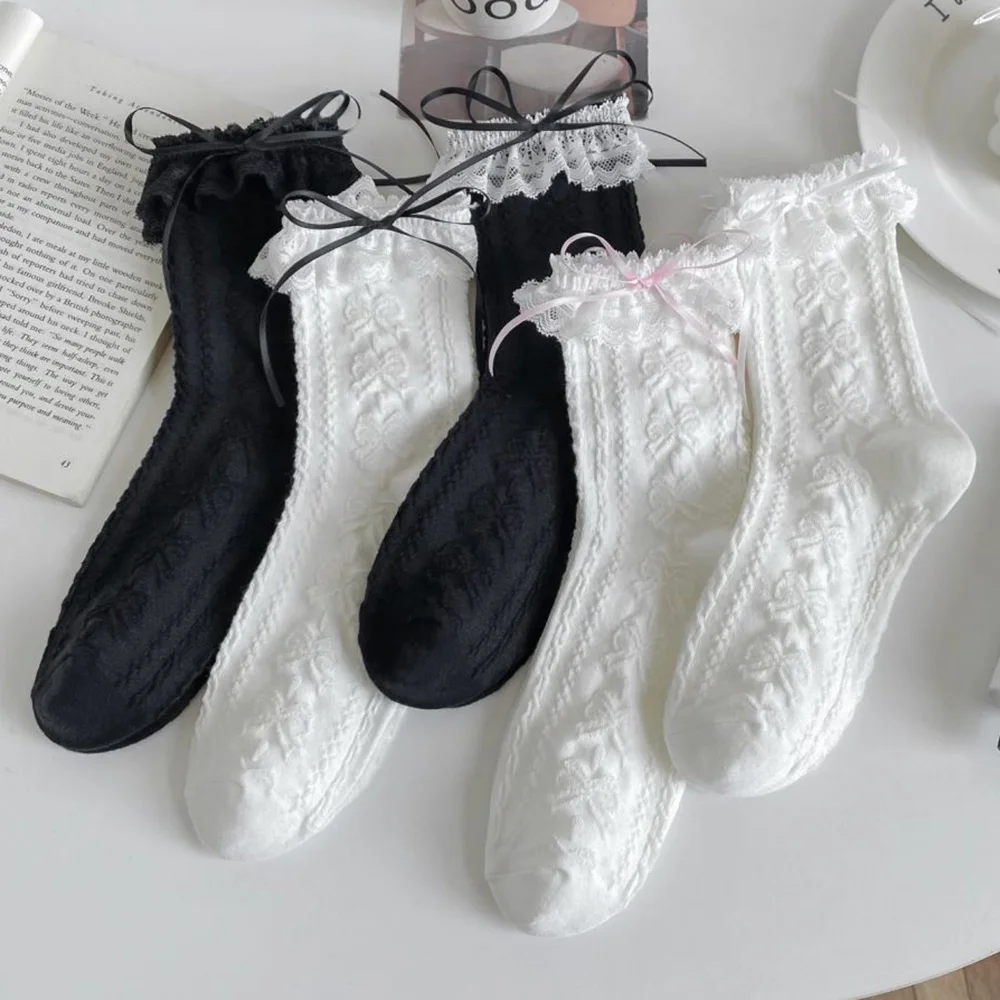 

5 пар модных женских носков с бантом, милые кружевные контрастные носки средней длины в Корейском стиле на осень и зиму, уличные повседневные длинные носки