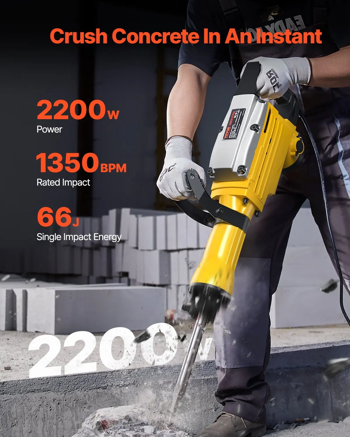 

Demolition Jack Hammer Concrete Breaker 2200W Electric Hammer 2 Chisel Bit