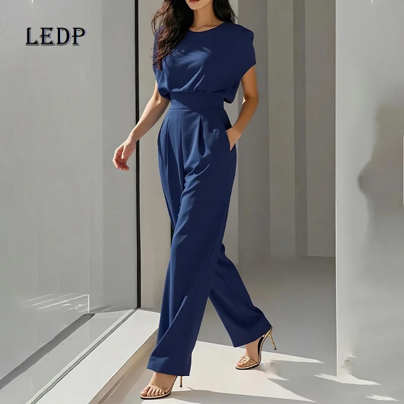 

2025 Autumn New Women's Clothing European American Design Elegant Commuting Solid Color Round Neck Waist Straight Jumpsuit Women