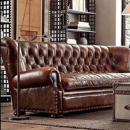 

American country leather sofa retro living room single double triple villa model room bar reception leather art buckle sofa