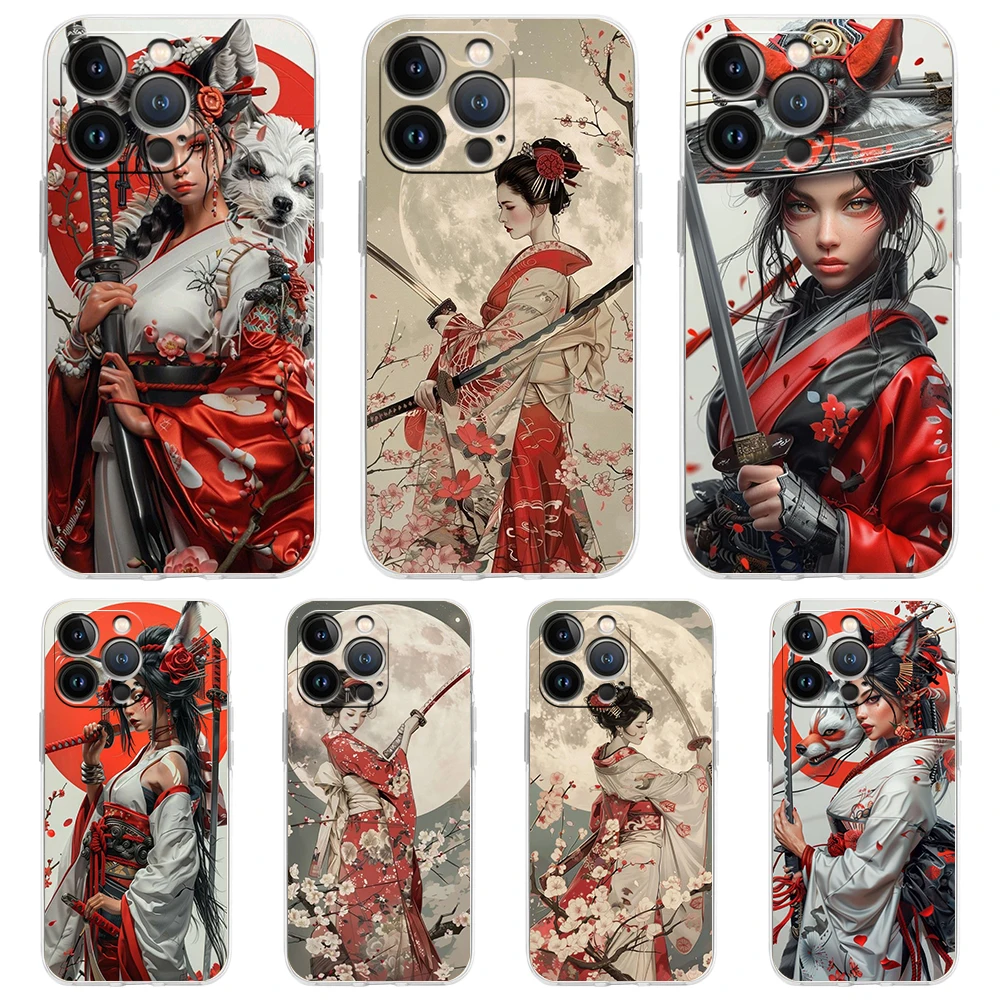 Samurai Warrior Geisha Soft TPU Transparent Phone Case Cover for iPhone 16 15 14 13 12 11 Pro Max XR 8 7 Plus XS Max Shell Capas