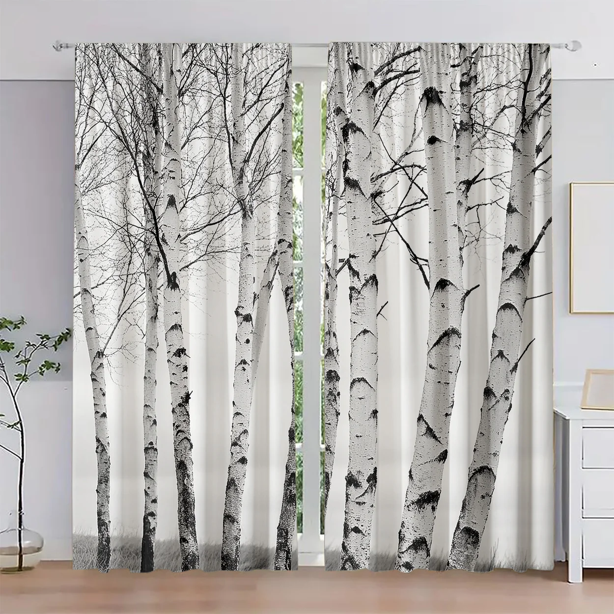 2 Panels Birch Tree Forest Curtains, Black & White Nature Print, Minimalist Woodland Drapes for Living Room Bedroom Decor