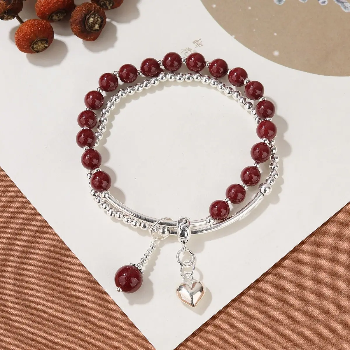 

Natural Cinnabar Bead Bracelet S925 Silver Heart Charm Double Wrap Purple Sand Stone Anxiety Relief Jewelry for Women Men