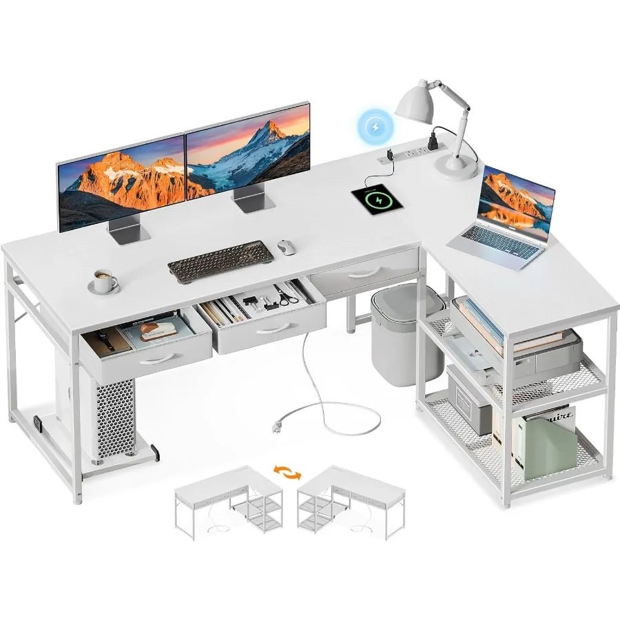 مكتب كمبيوتر على شكل حرف L مقاس 61 بوصة مع أدراج للمكتب المنزلي ومكتب زاوية إعداد الألعاب يتميز بمنافذ طاقة مدمجة وإعادة