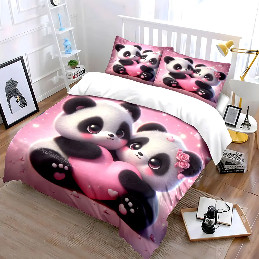 3pcs Cute pandas hugging pink heart Duvet Cover Set with 3D Printing Design Soft Polyester Bedding Set All-Season Comfort