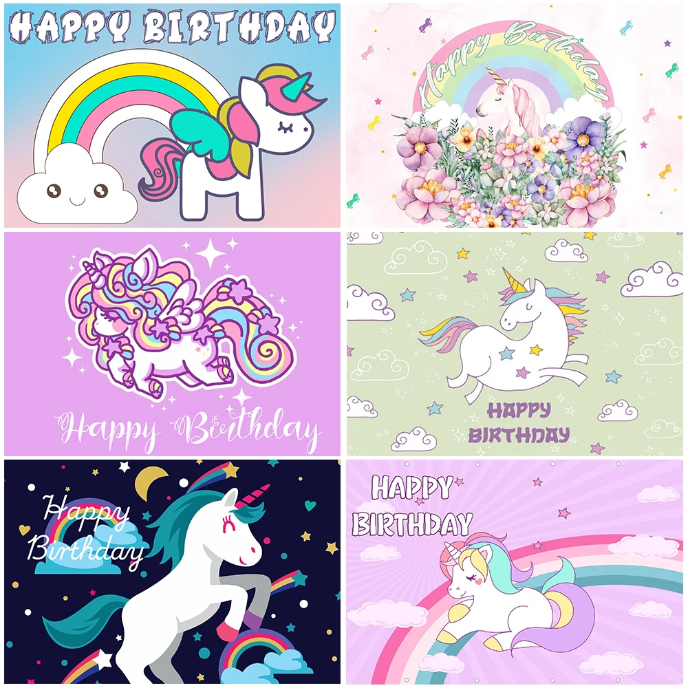 

Cartoon Dreamy Cute Unicorn Theme Happy Birthday Party Vinyl Background Baby Shower Decoration Photography Prop Supplies Prop