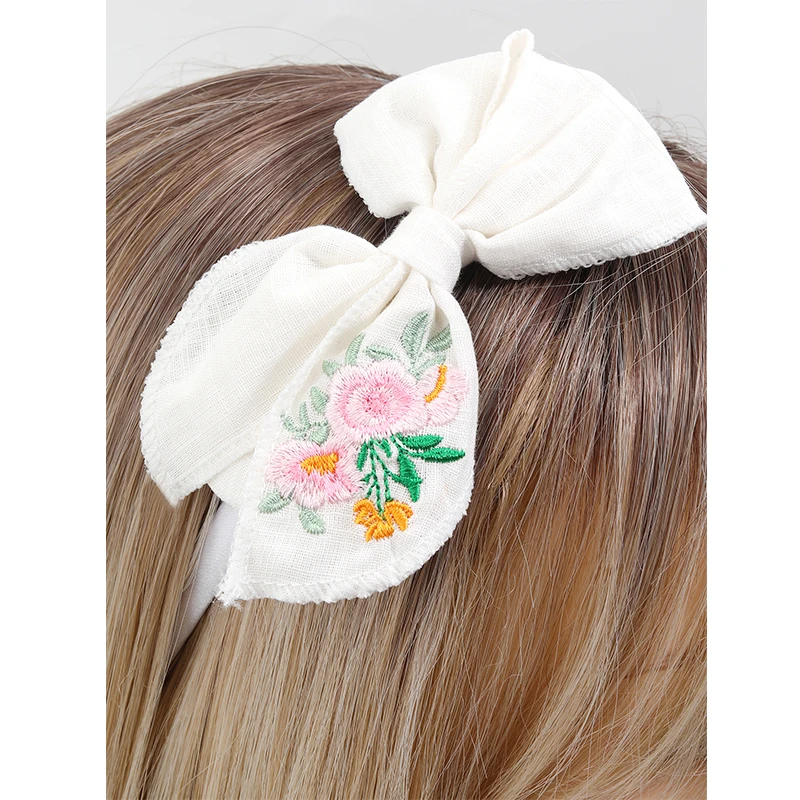 ncmama New Embroidered Bow Hair Bands for Baby Girls Cute Handmade Headband Children Hair Hoop Kids Hair Accessories Headwear