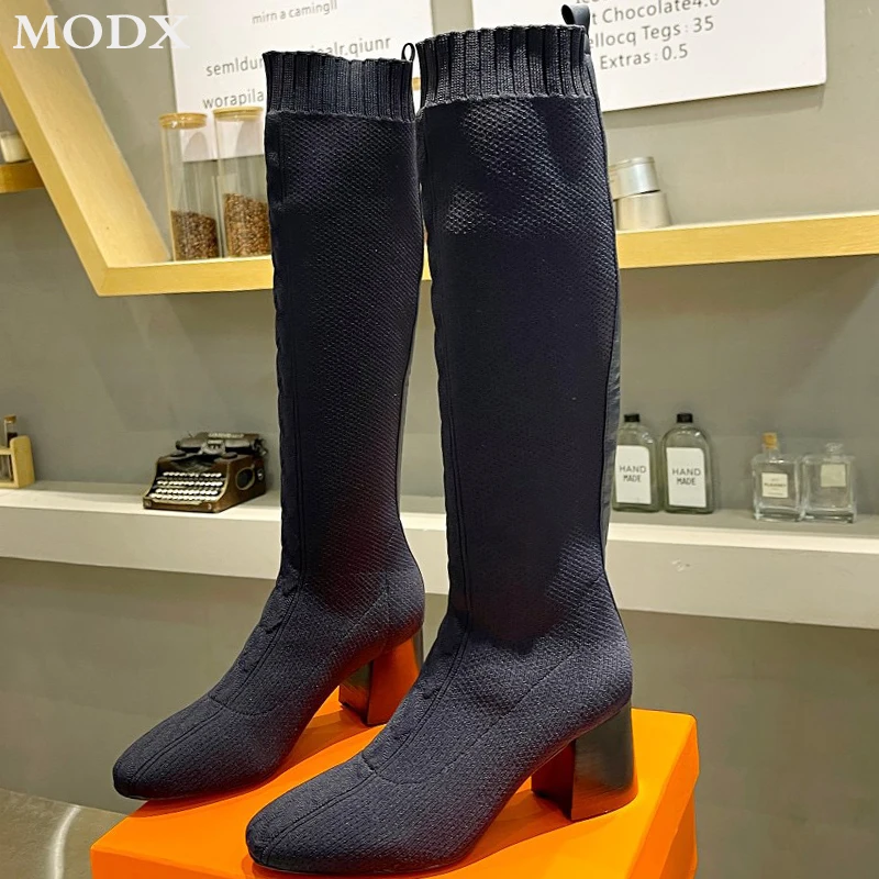 Knitted Square Head Stretch Sock Boots For Women Chunky Heel Slim Fashion All-match Knee-high Boots Luxury Brand Runway Shoes