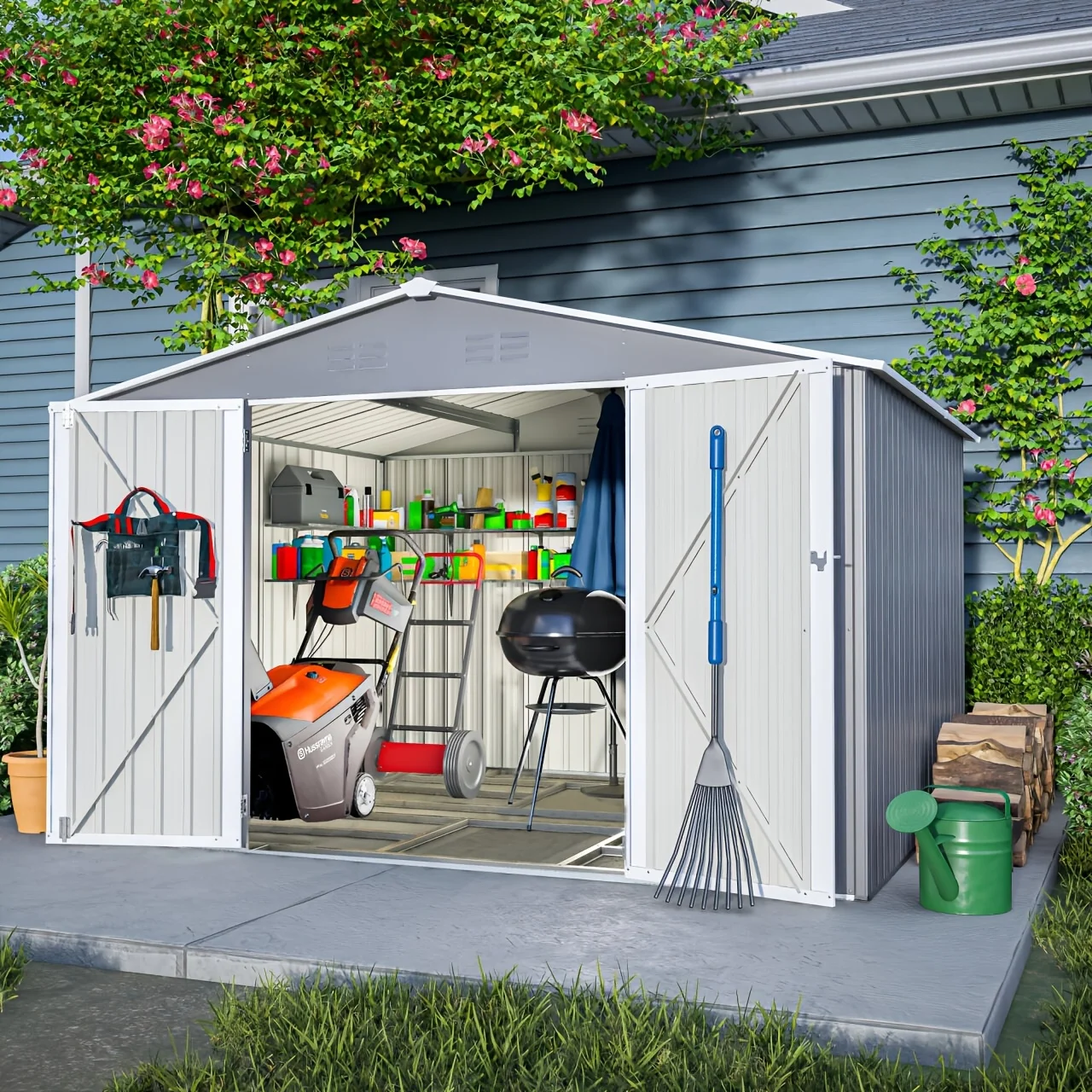 

8x10ft Outdoor Steel Storage Shed with Lockable Doors, Weather- Metal Tool Shed for Garden, Backyard, Patio, And Utility Storage